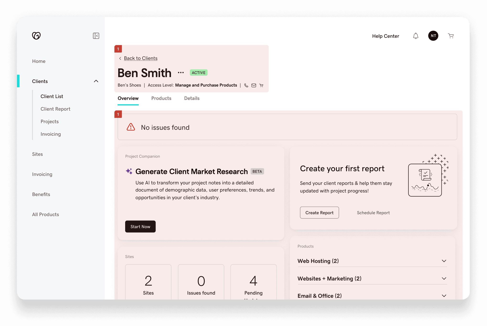 Original client dashboard with annotated issues