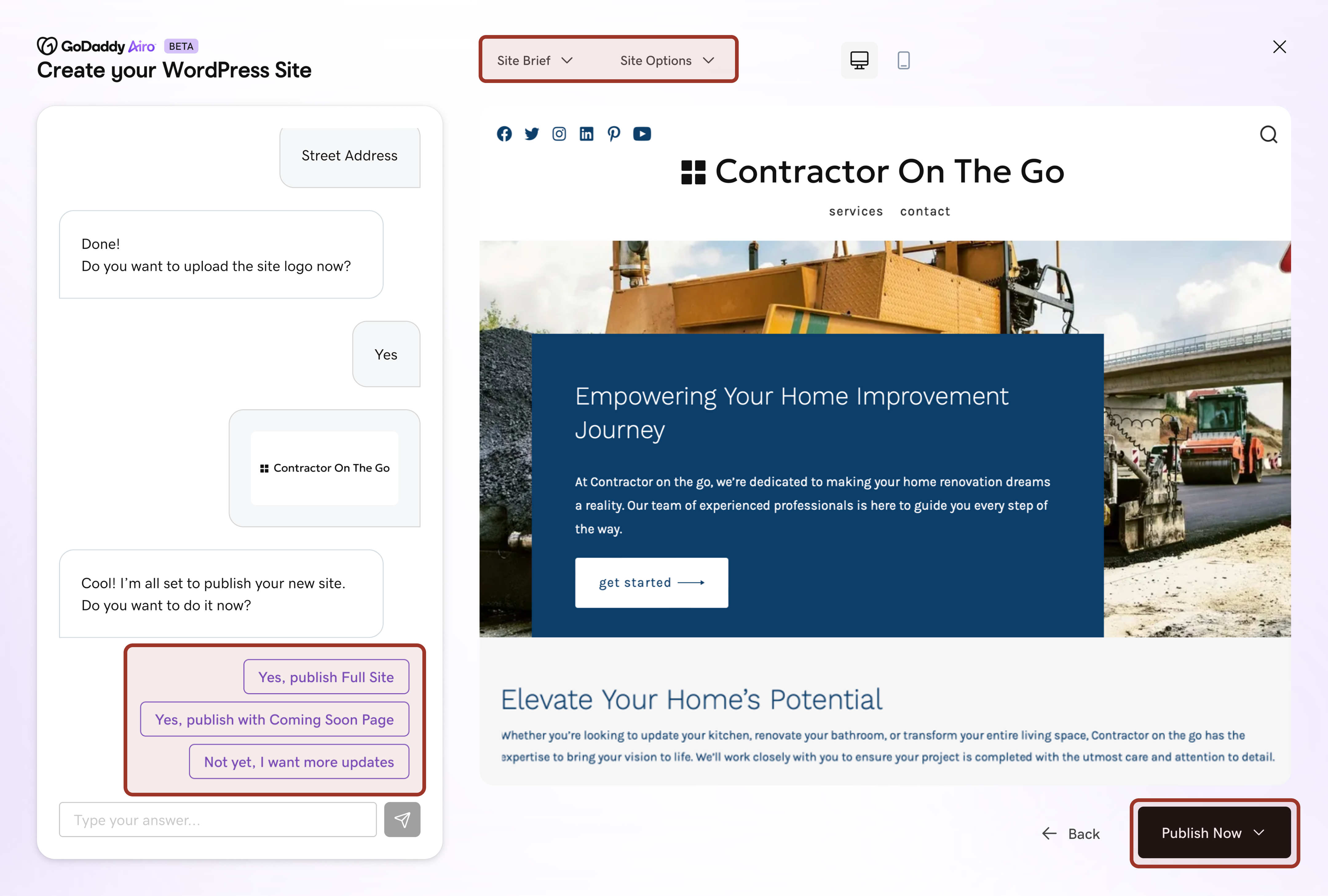 Before: the earlier flow published the site after the first chat response, then buried edits in dropdowns.