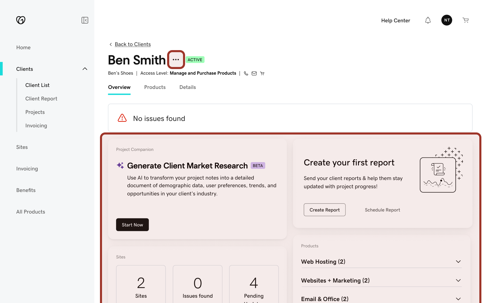 Before: the original client dashboard with the login-as-client action buried in a menu.