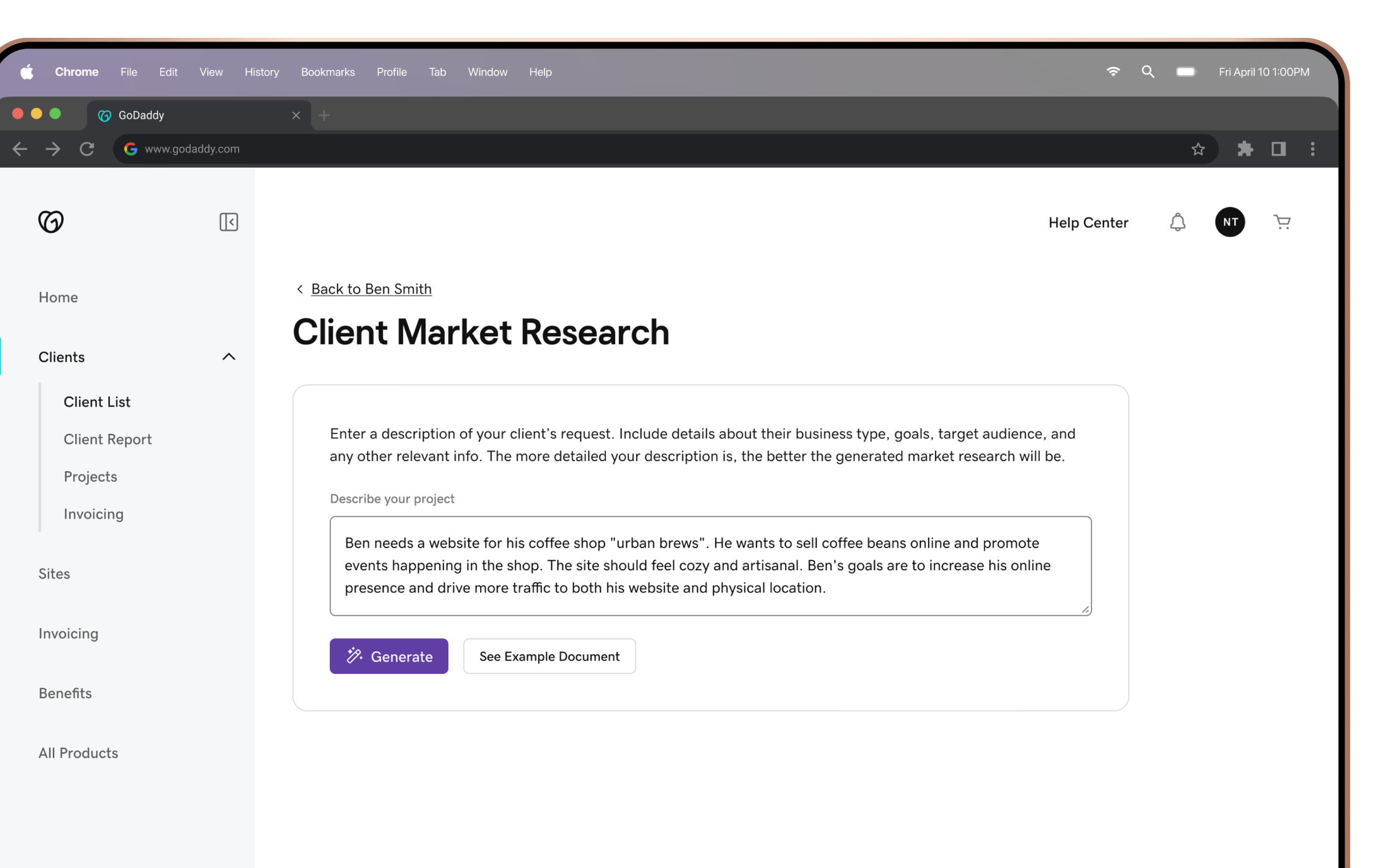 Client Market Research inside The Hub: a Pro enters a short brief for a coffee-shop client and generates market research.
