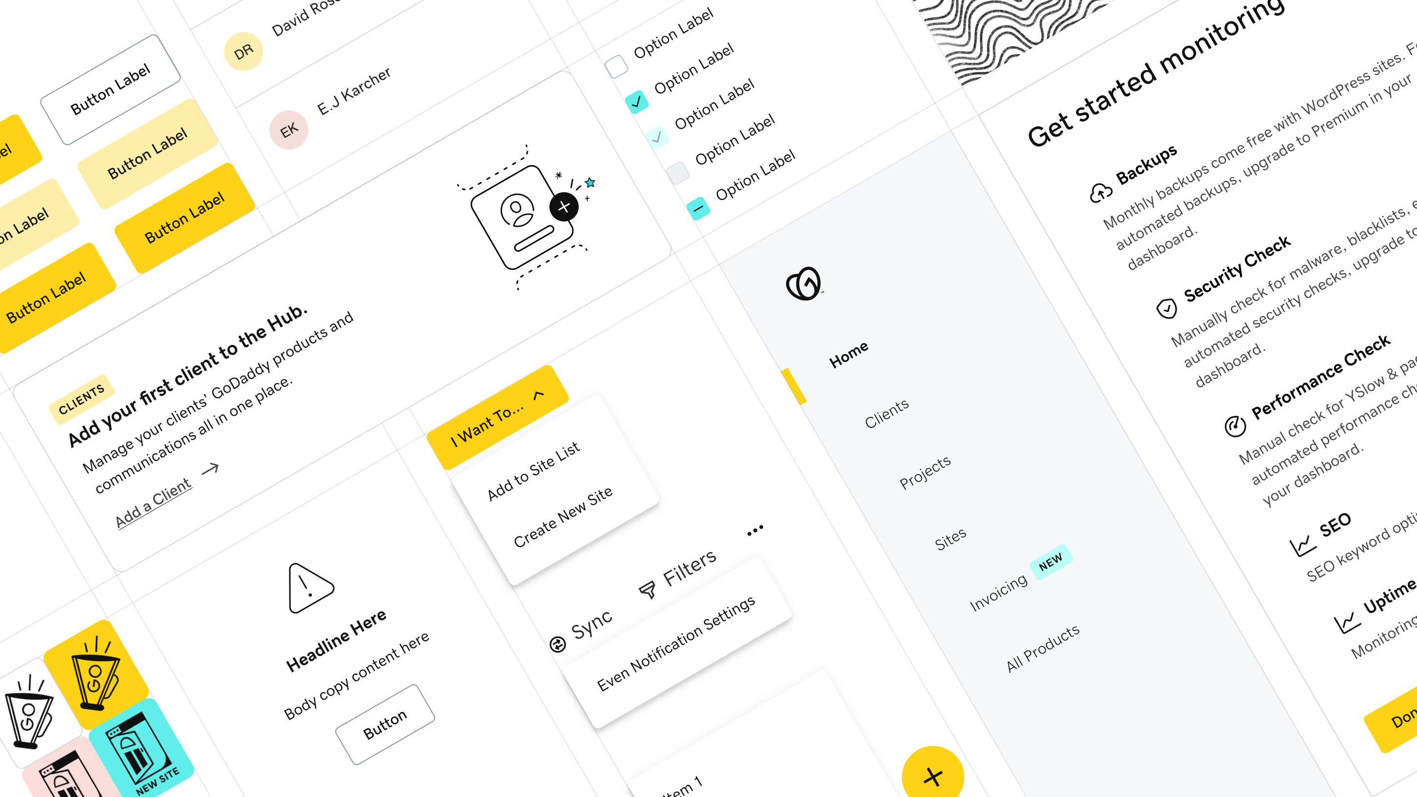 The Hub design language: tokens, type scale, and components themed off the main GoDaddy design system.