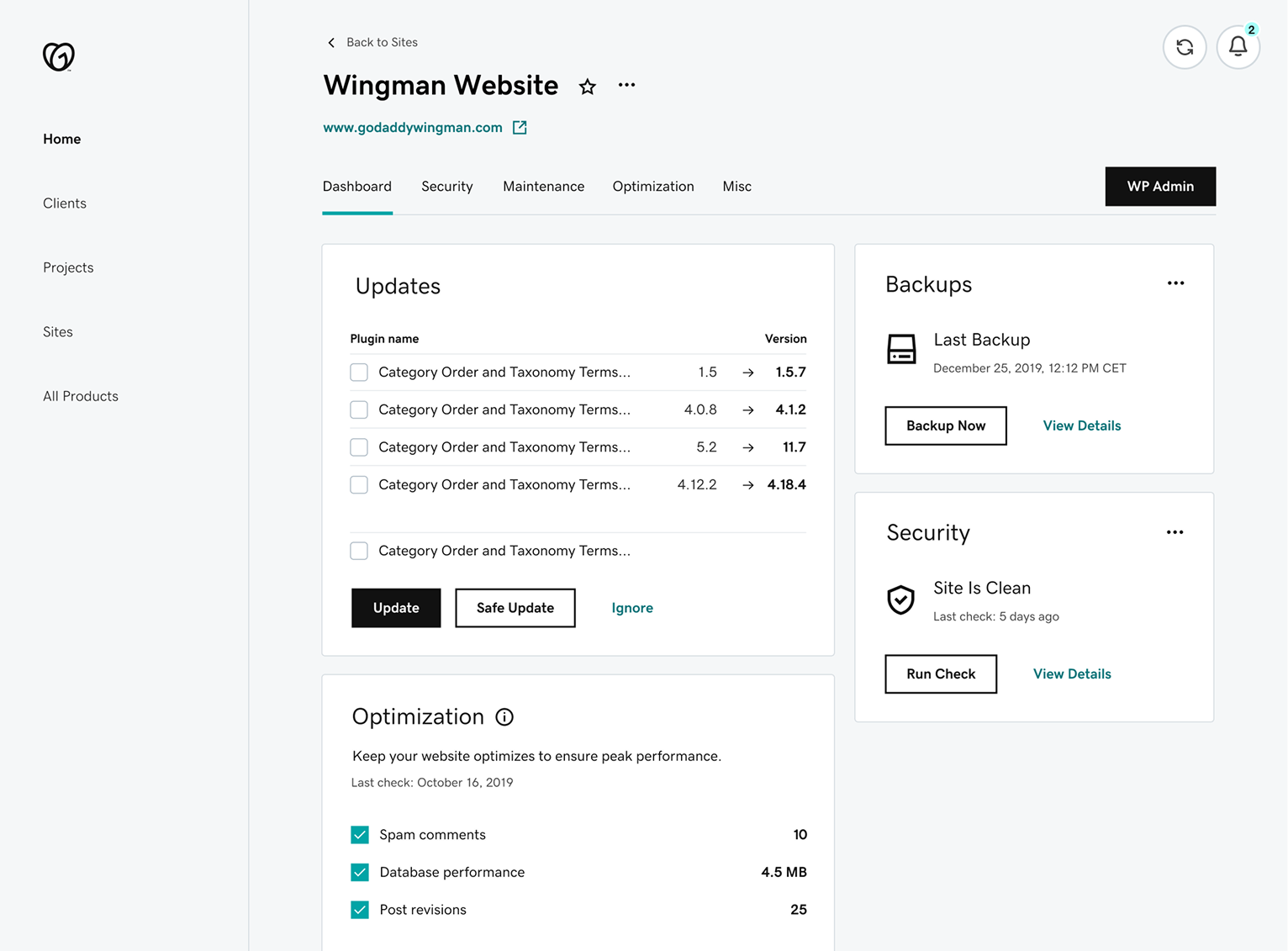 An early screen from the Hub built in the older GoDaddy design system.
